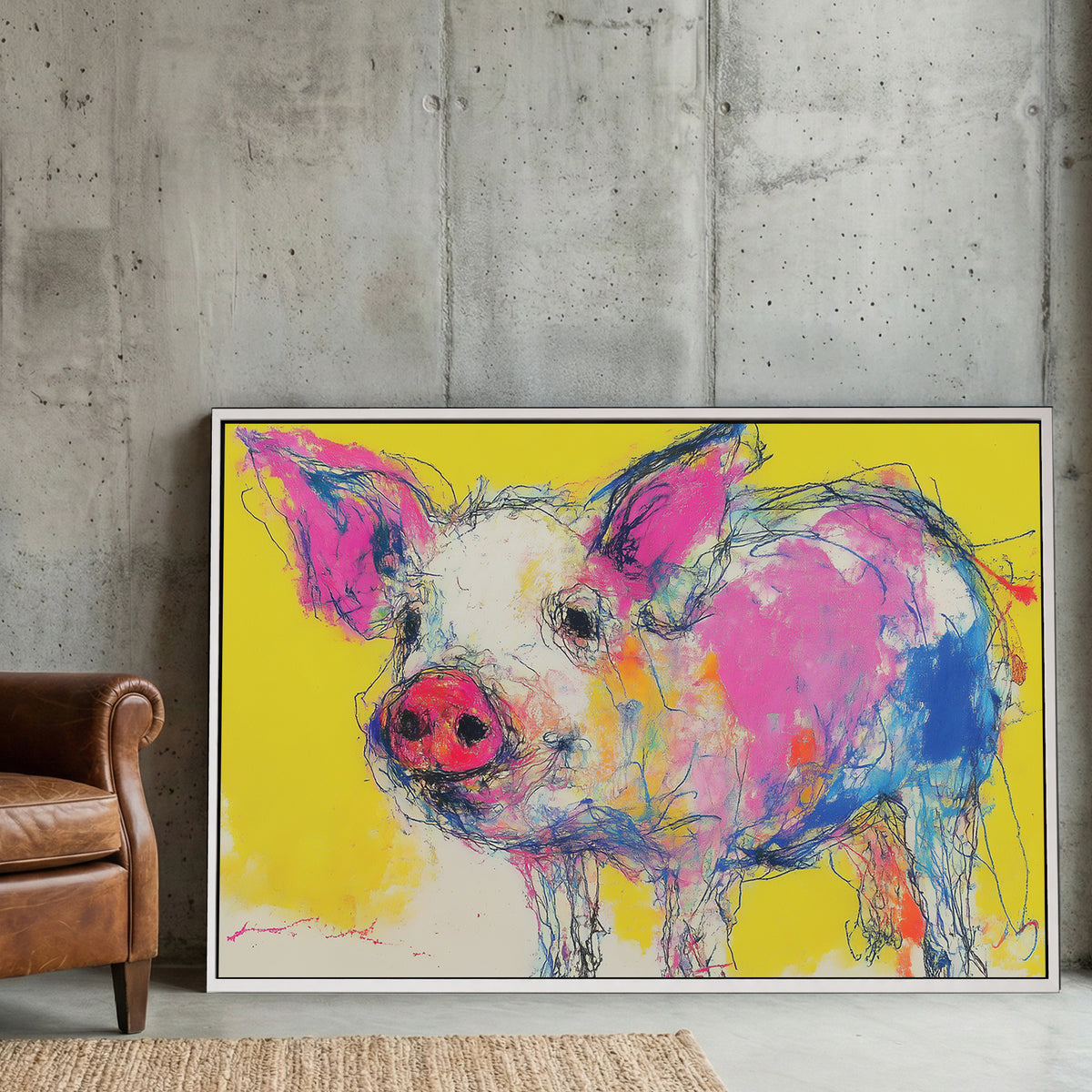 Pig pop art portrait with pink and yellow colours wall art print