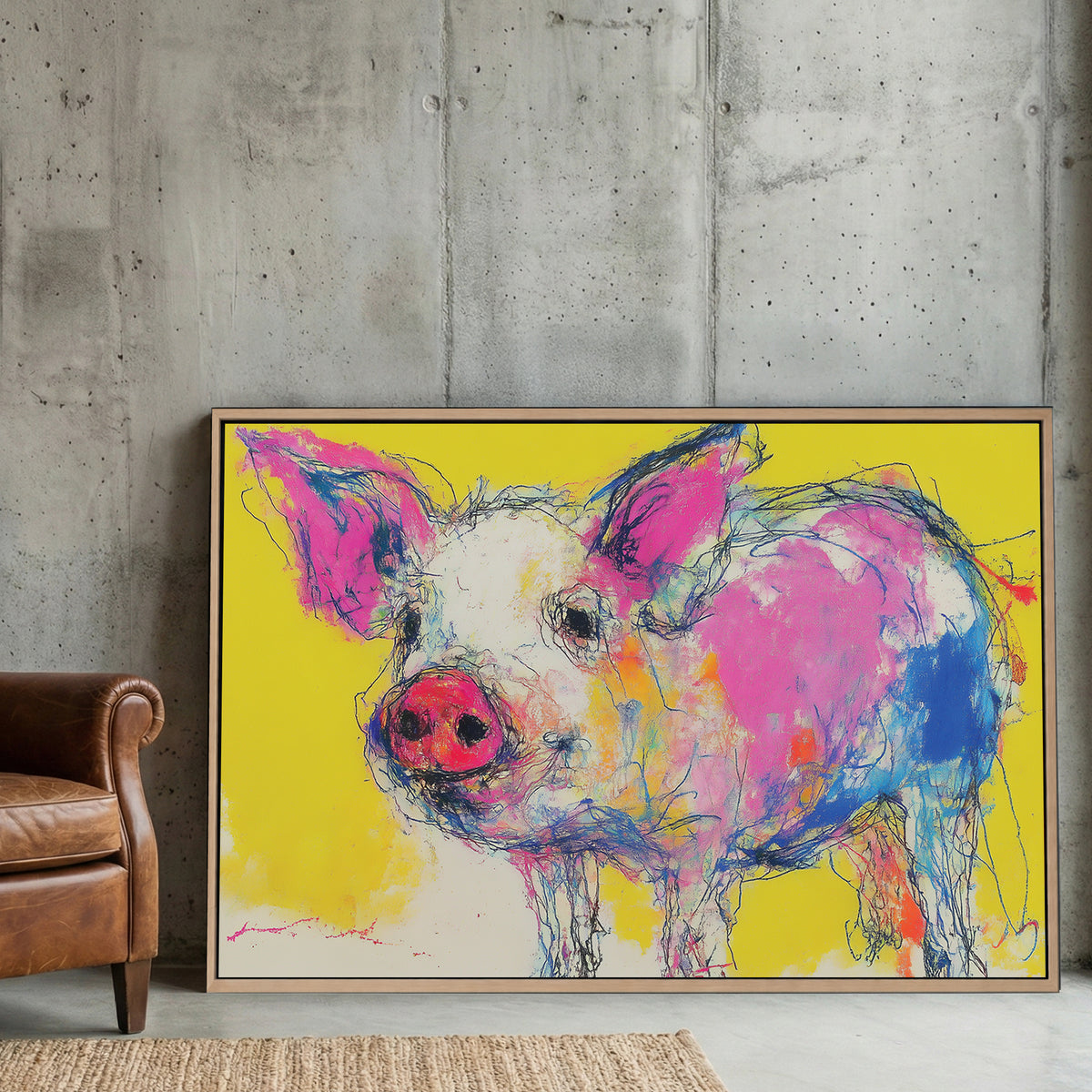 Pig pop art portrait with pink and yellow colours wall art print