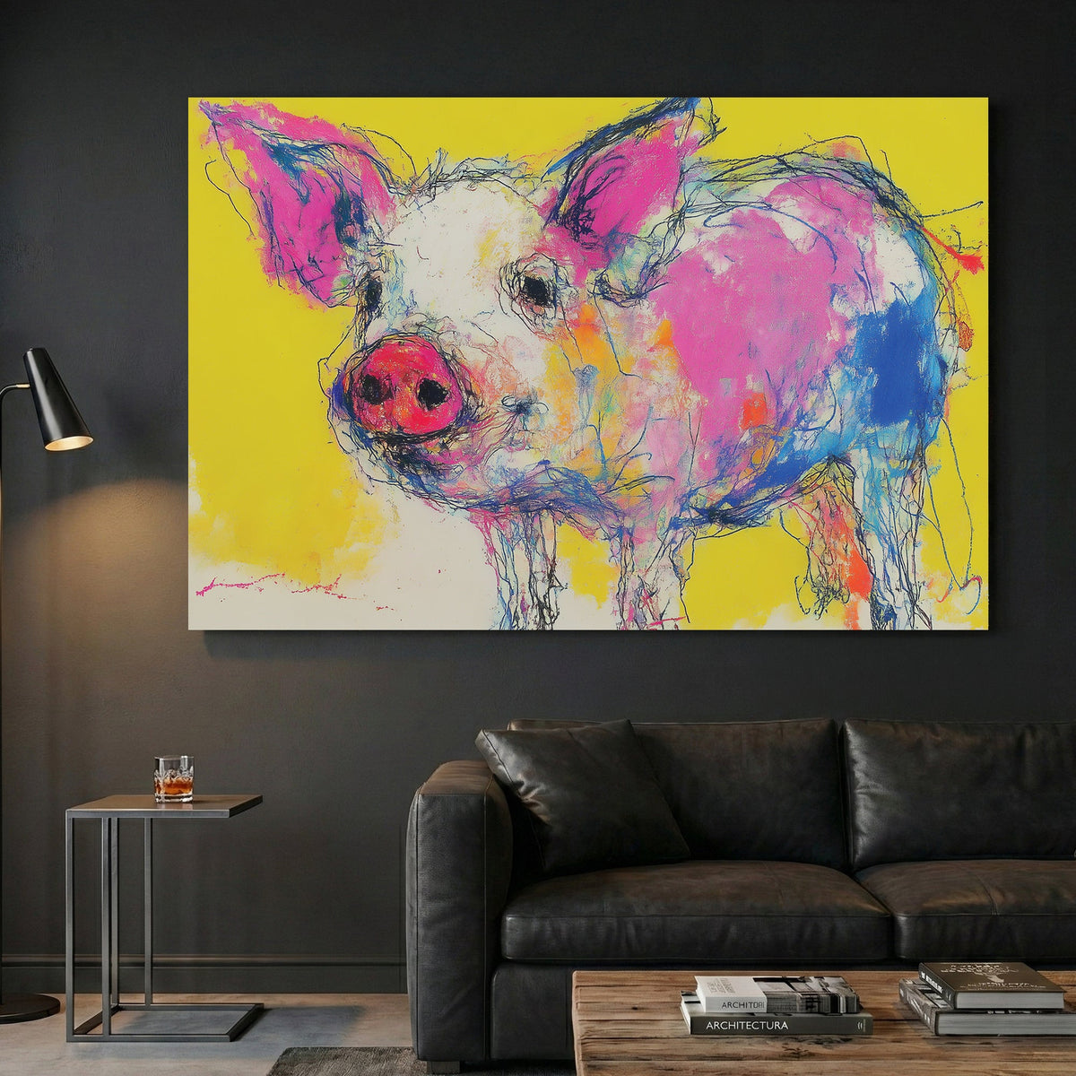 Pig pop art portrait with pink and yellow colours wall art print