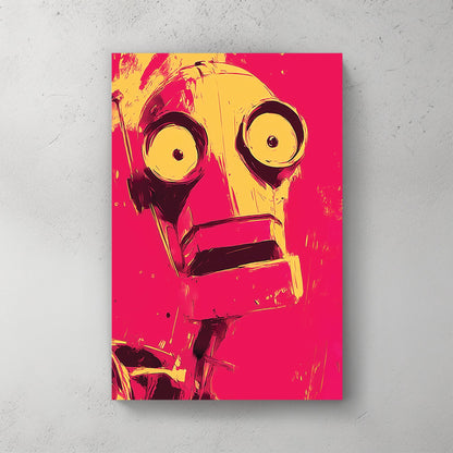 Retro robot pop art portrait with bold magenta and yellow colours