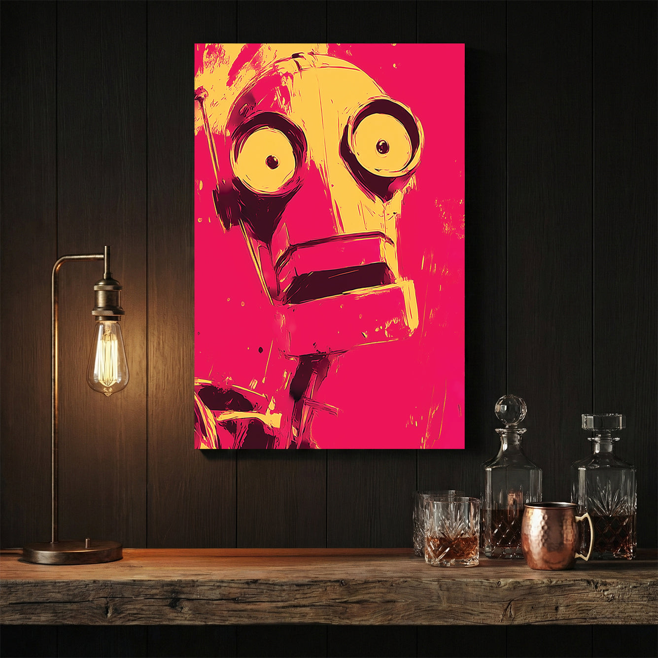 Retro robot pop art portrait with bold magenta and yellow colours