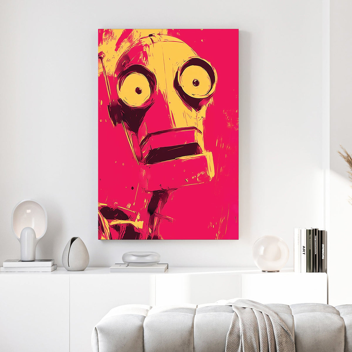 Retro robot pop art portrait with bold magenta and yellow colours