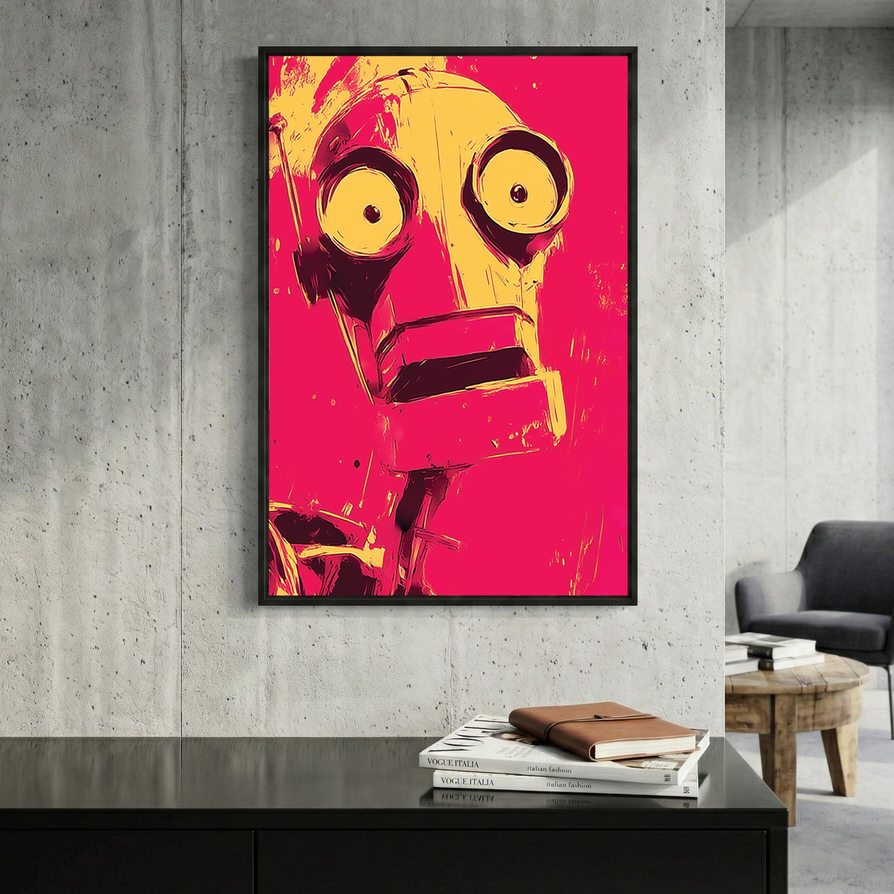 Retro robot pop art portrait with bold magenta and yellow colours