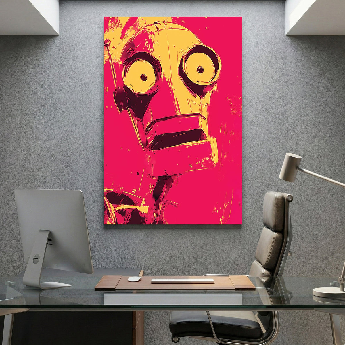 Retro robot pop art portrait with bold magenta and yellow colours
