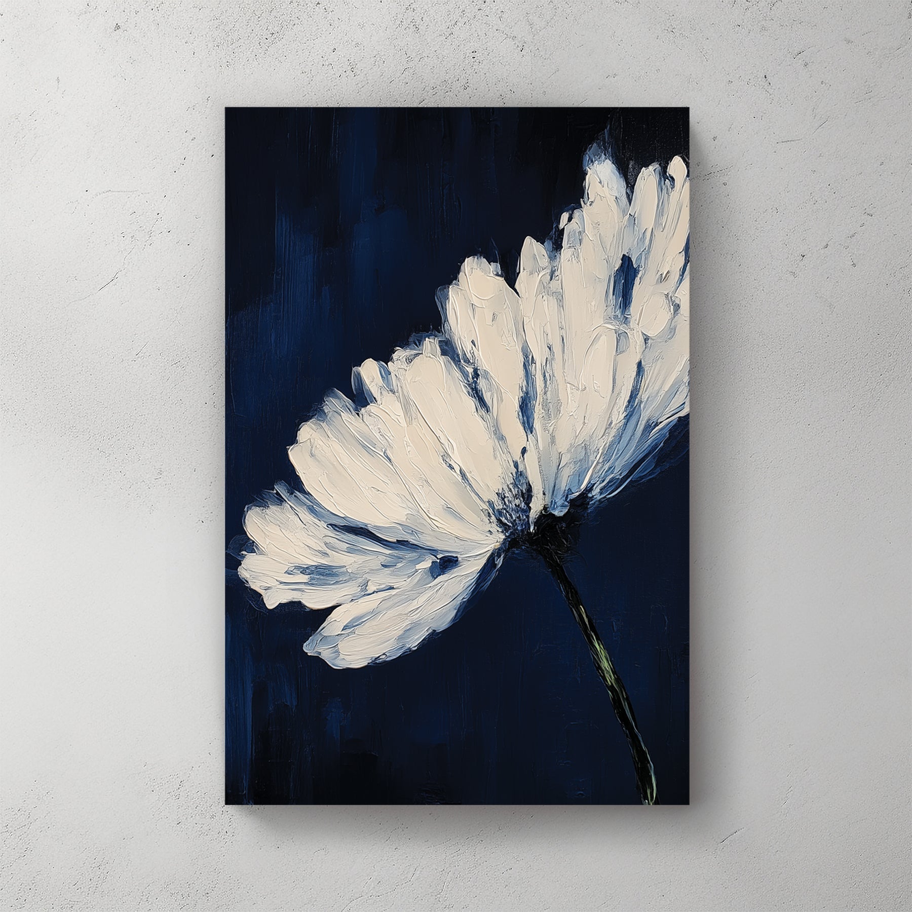 White flower with bold brushstrokes on navy background wall art print