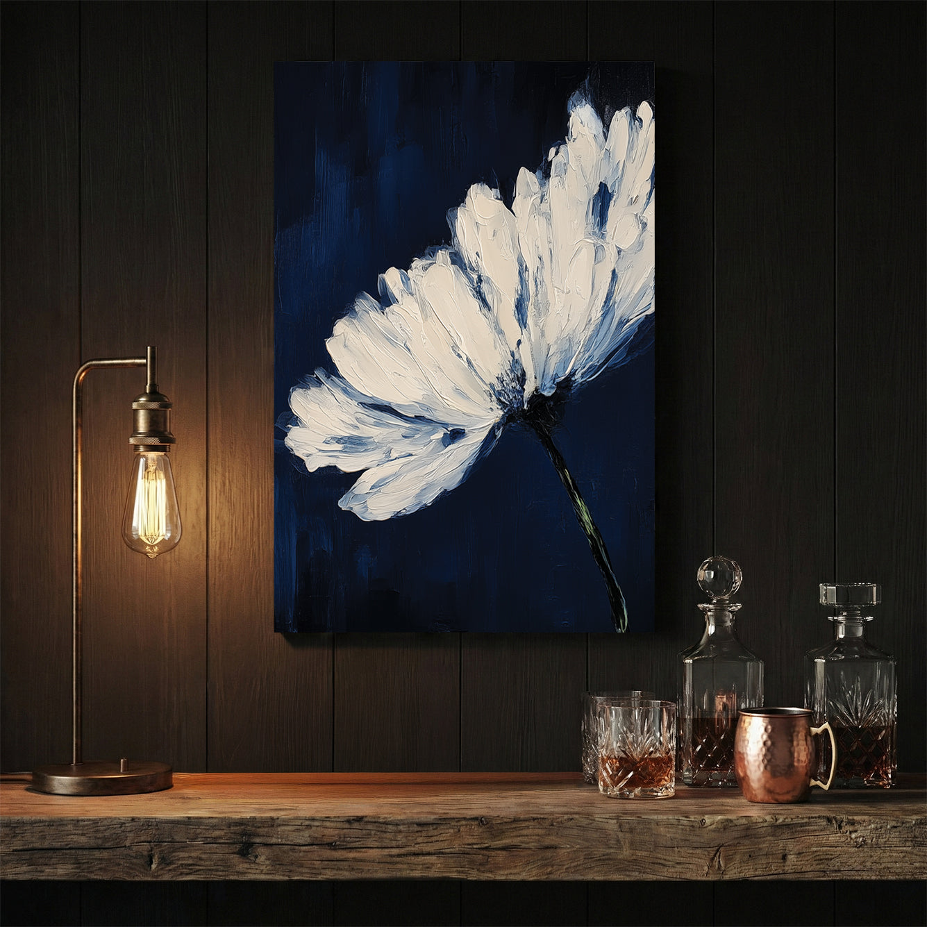 White flower with bold brushstrokes on navy background wall art print