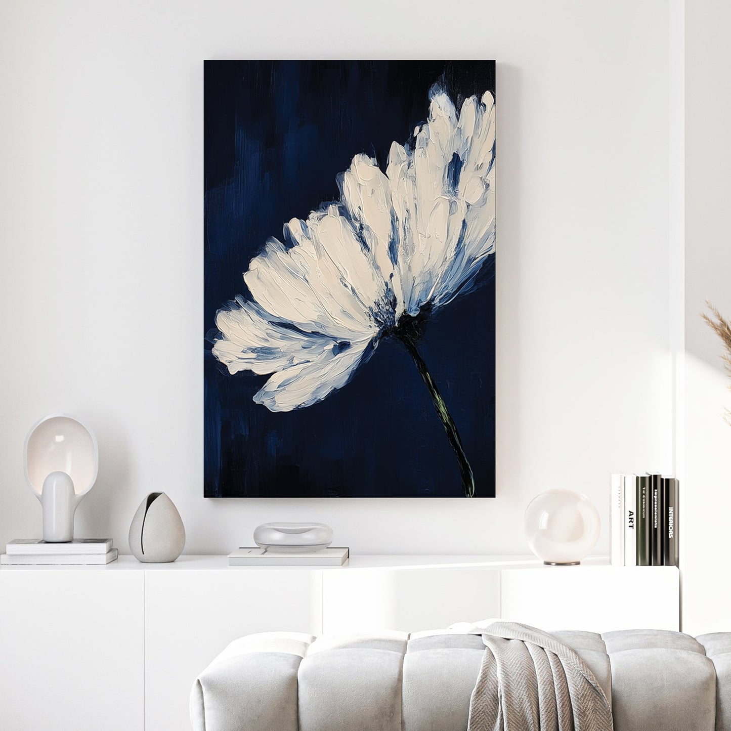 White flower with bold brushstrokes on navy background wall art print