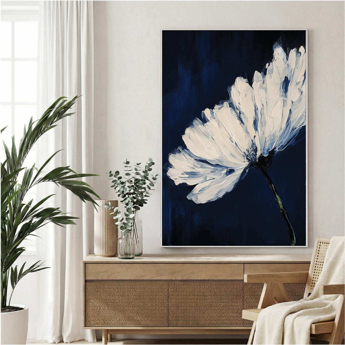 White flower with bold brushstrokes on navy background wall art print