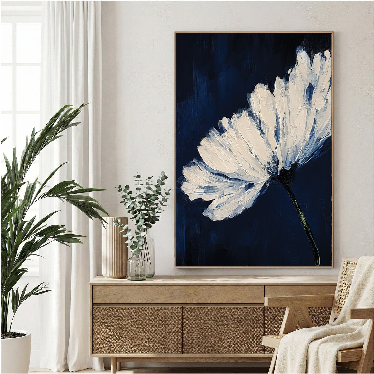 White flower with bold brushstrokes on navy background wall art print