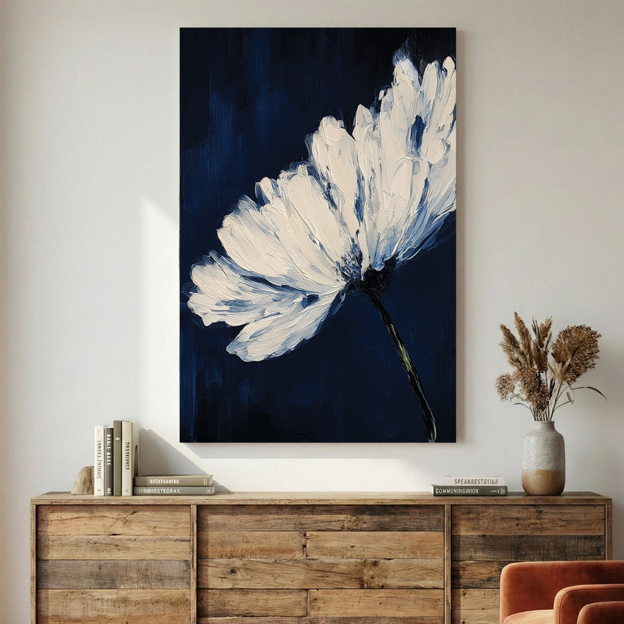 White flower with bold brushstrokes on navy background wall art print