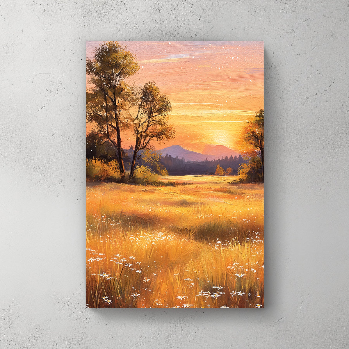 Golden sunset over pastoral field with trees and mountain wall art print