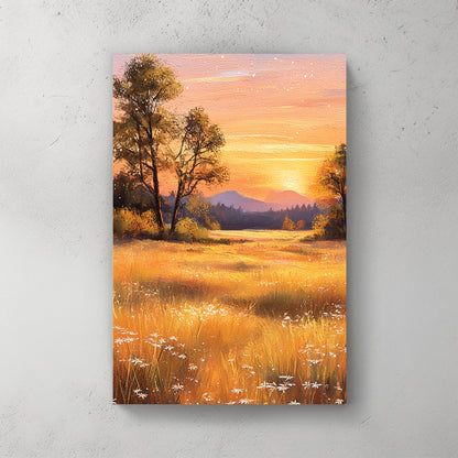 Golden sunset over pastoral field with trees and mountain wall art print