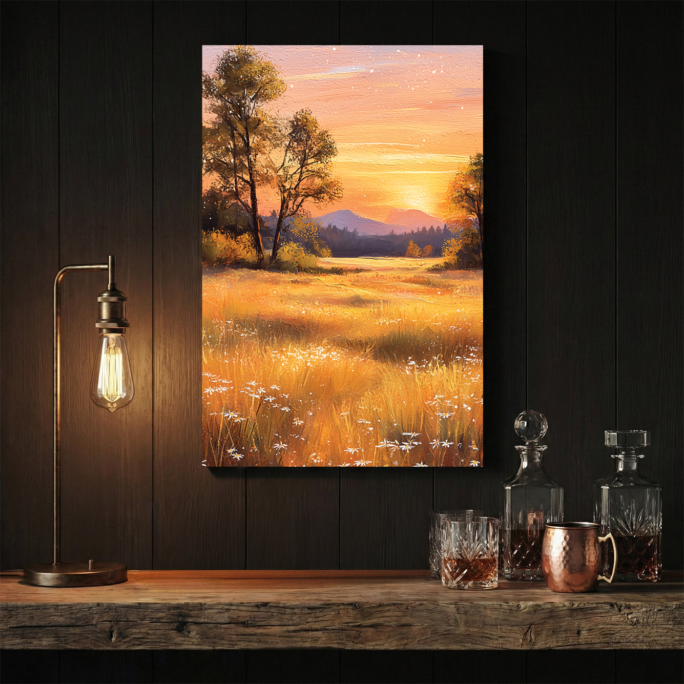 Golden sunset over pastoral field with trees and mountain wall art print