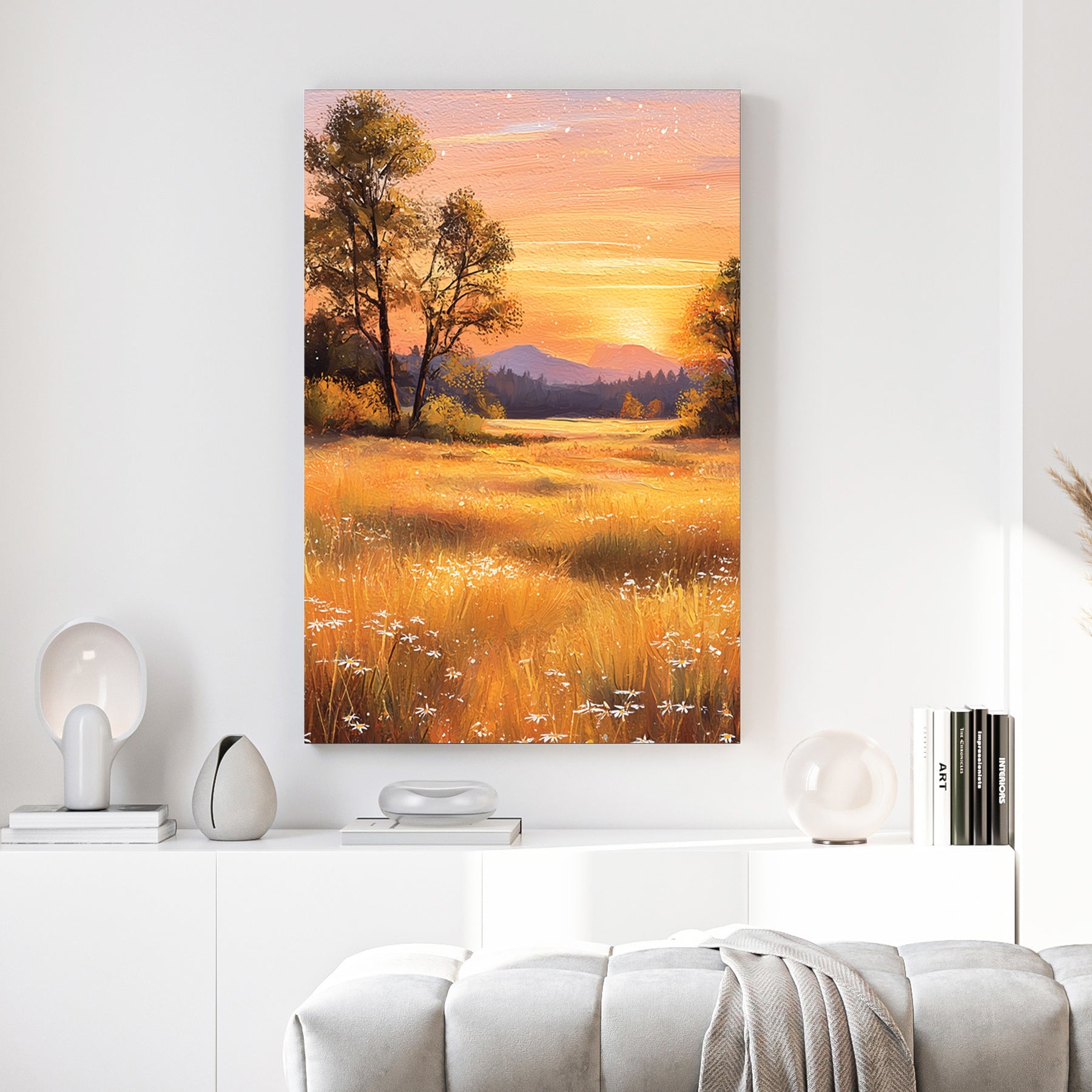 Golden sunset over pastoral field with trees and mountain wall art print