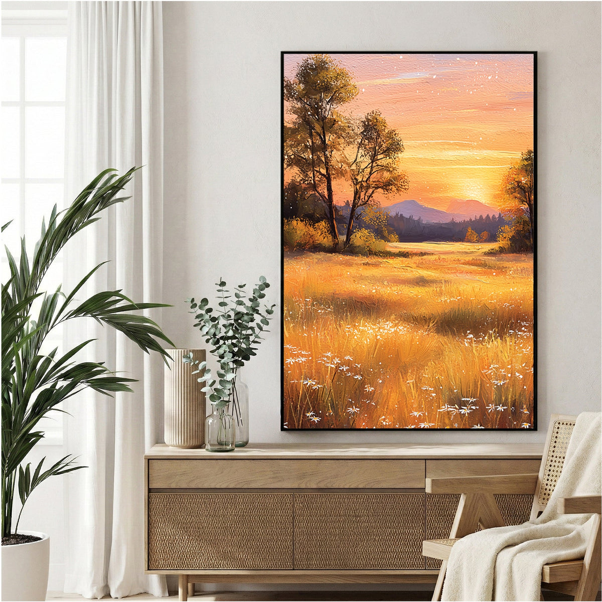 Golden sunset over pastoral field with trees and mountain wall art print