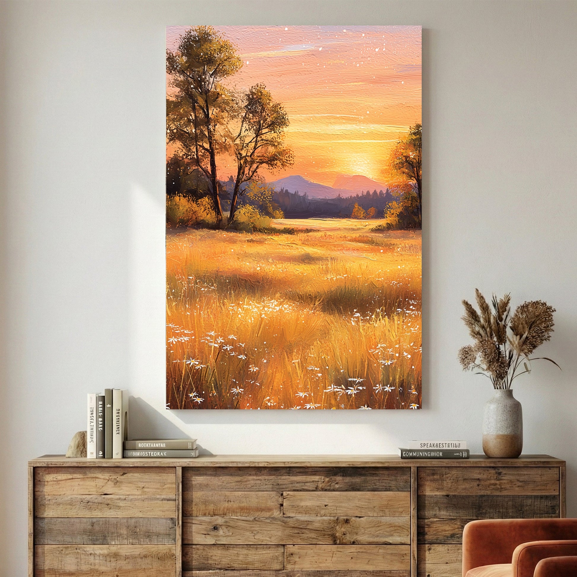 Golden sunset over pastoral field with trees and mountain wall art print