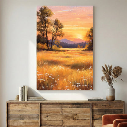 Golden sunset over pastoral field with trees and mountain wall art print