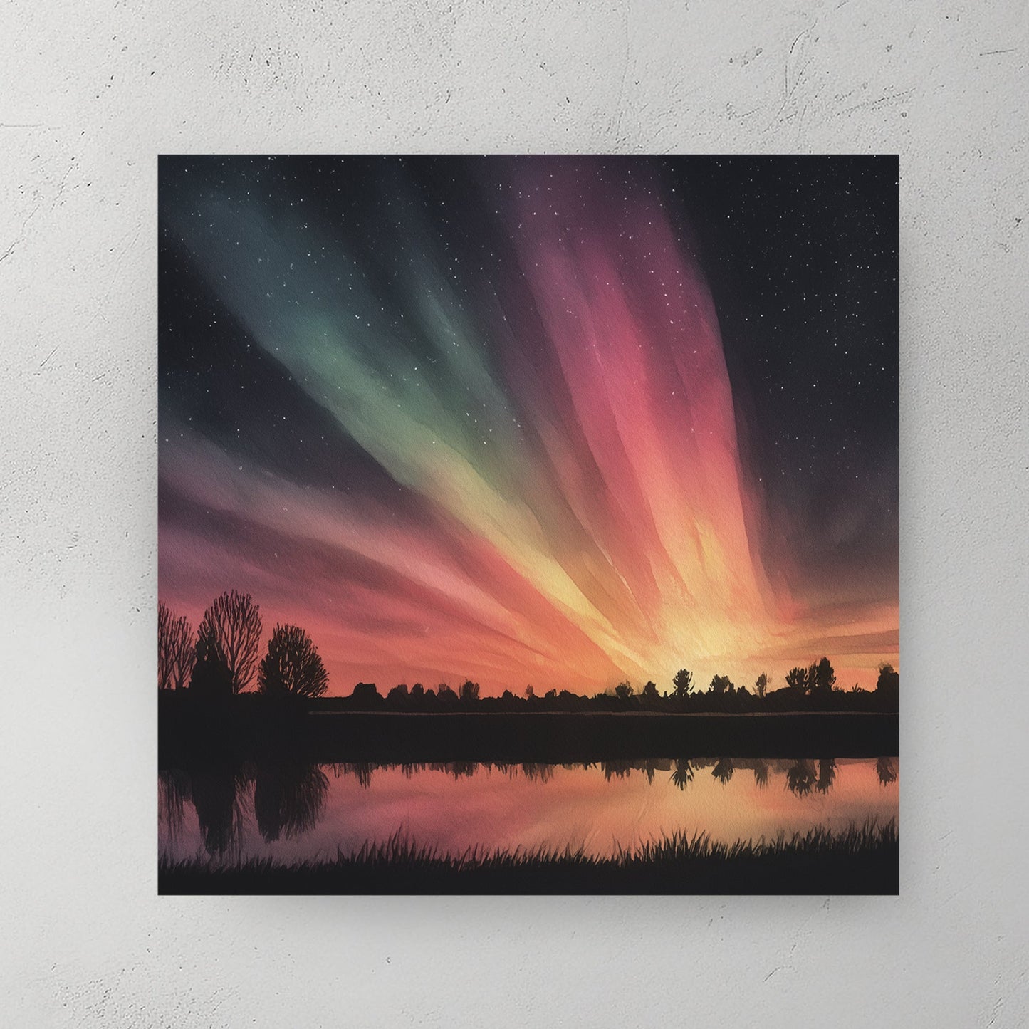 Northern lights aurora with forest reflection in lake wall art print