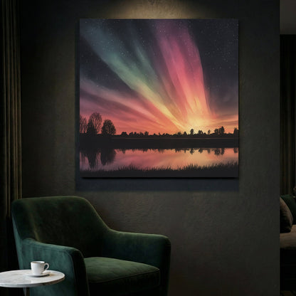 Northern lights aurora with forest reflection in lake wall art print