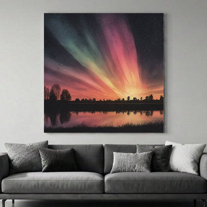 Northern lights aurora with forest reflection in lake wall art print
