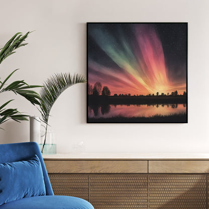 Northern lights aurora with forest reflection in lake wall art print