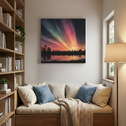 Northern lights aurora with forest reflection in lake wall art print