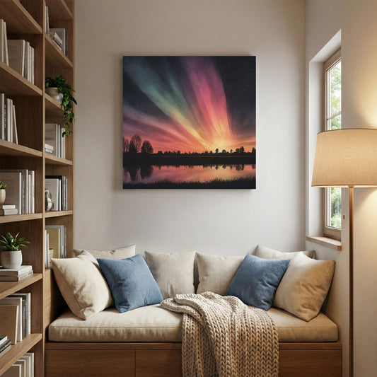 Northern lights aurora with forest reflection in lake wall art print