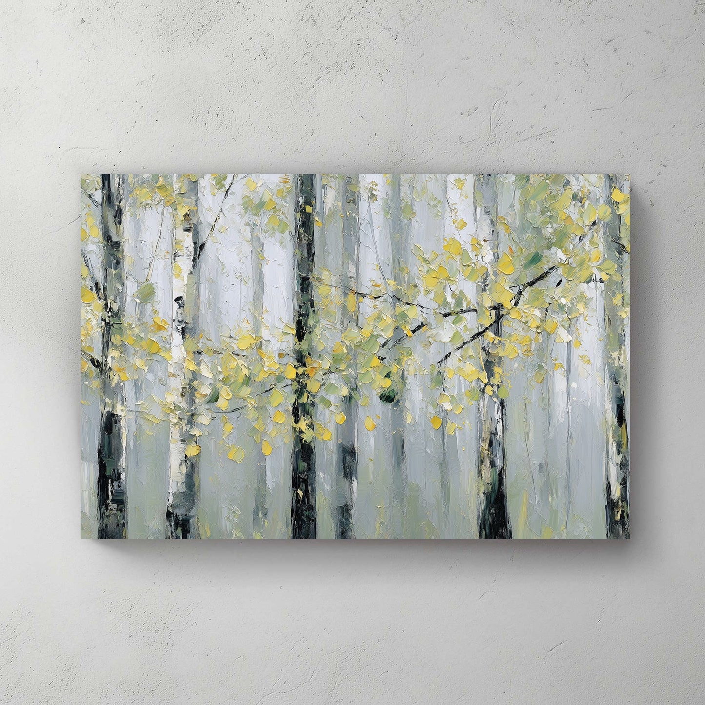 Birch forest trees with golden autumn leaves watercolour wall art print