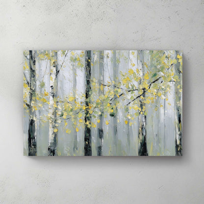 Birch forest trees with golden autumn leaves watercolour wall art print