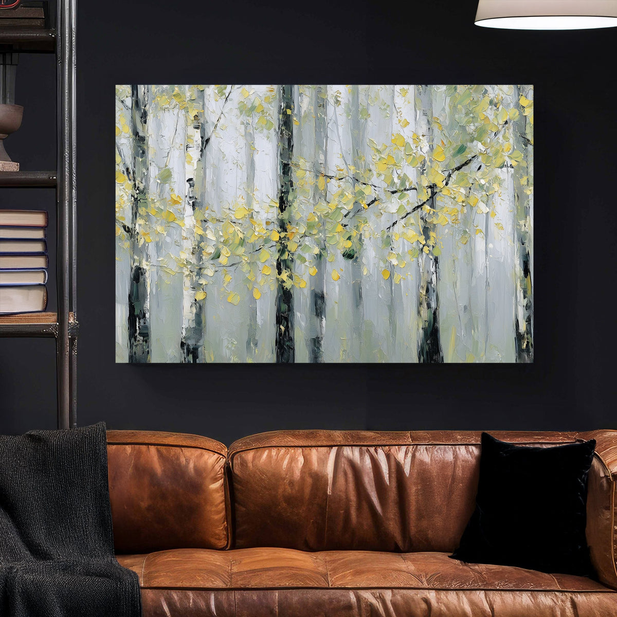Birch forest trees with golden autumn leaves watercolour wall art print