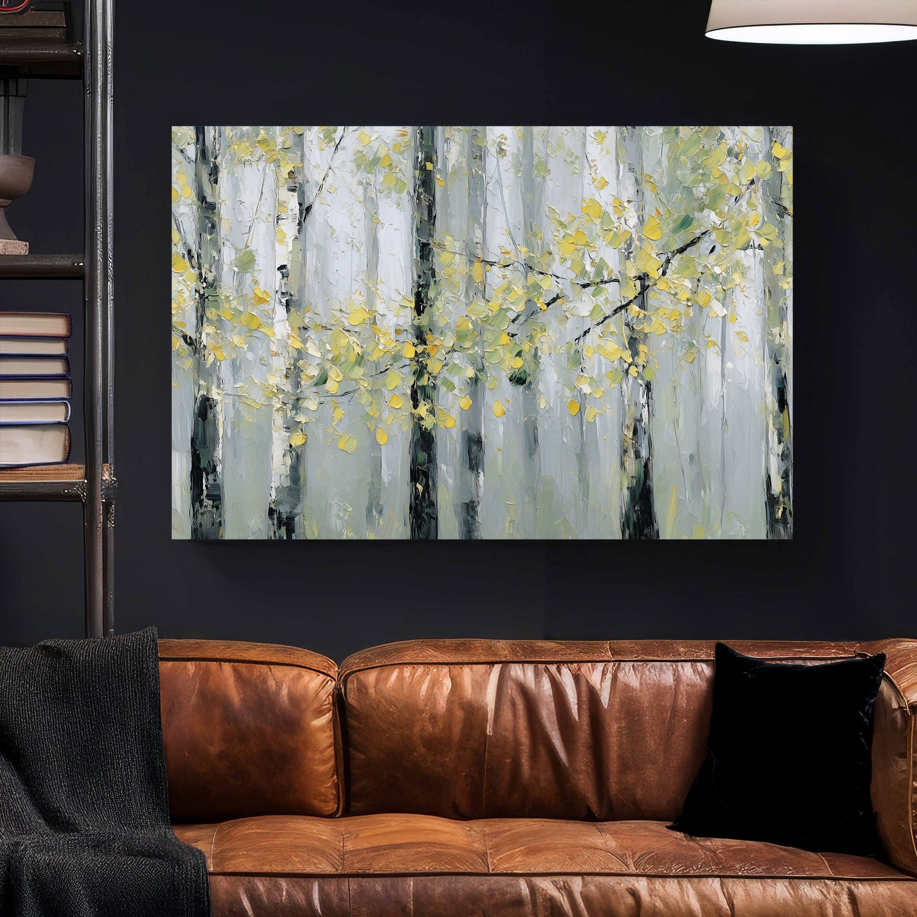 Birch forest trees with golden autumn leaves watercolour wall art print