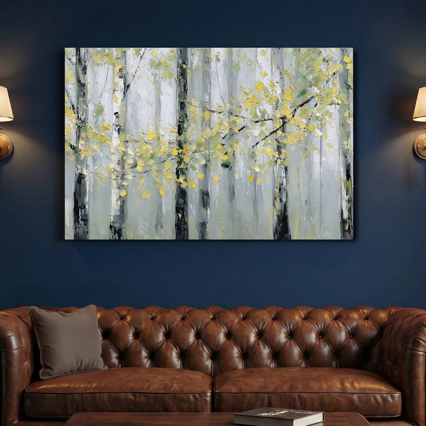 Birch forest trees with golden autumn leaves watercolour wall art print
