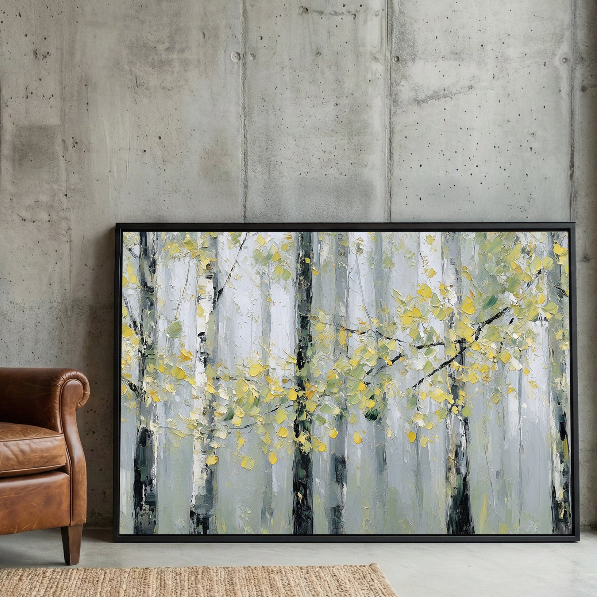 Birch forest trees with golden autumn leaves watercolour wall art print