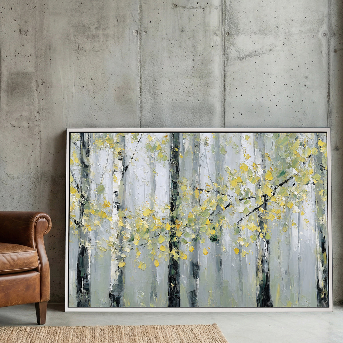 Birch forest trees with golden autumn leaves watercolour wall art print