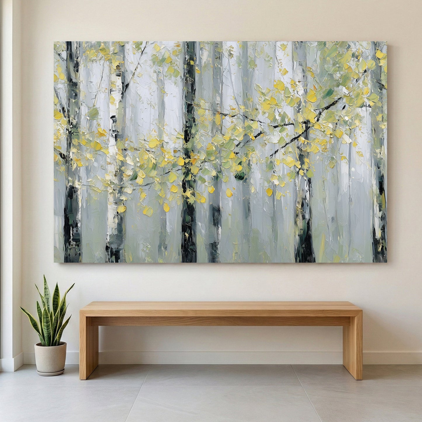 Birch forest trees with golden autumn leaves watercolour wall art print