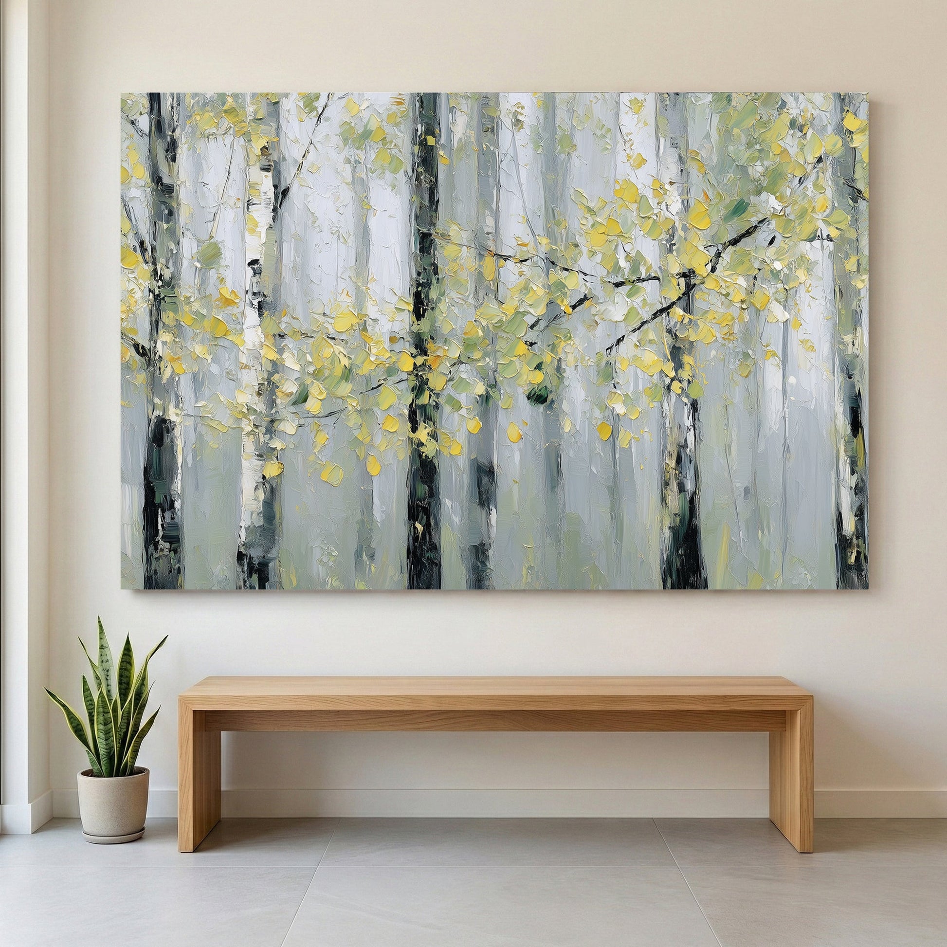 Birch forest trees with golden autumn leaves watercolour wall art print