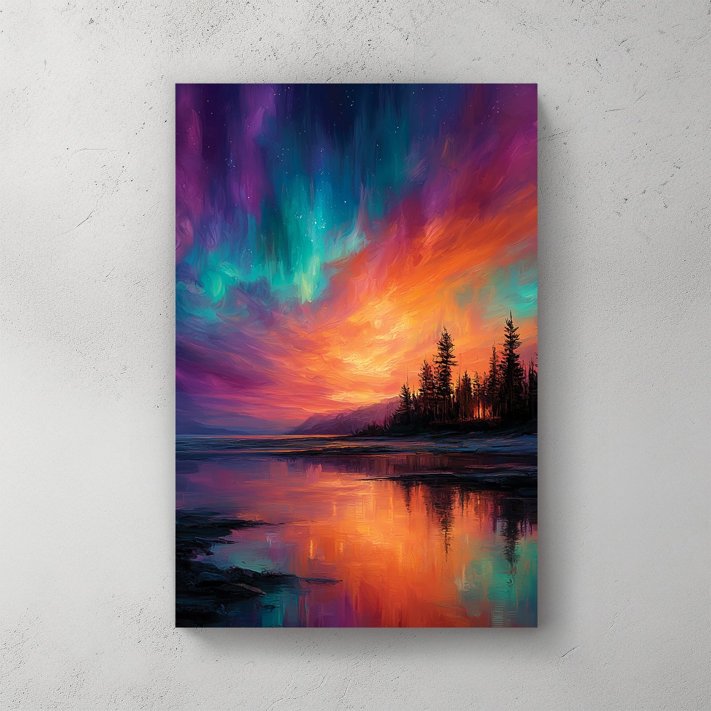 Northern lights aurora over lake with forest silhouette wall art print