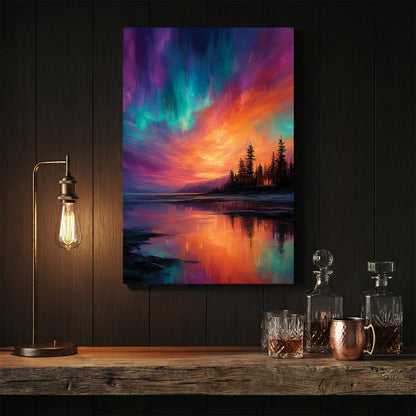 Northern lights aurora over lake with forest silhouette wall art print