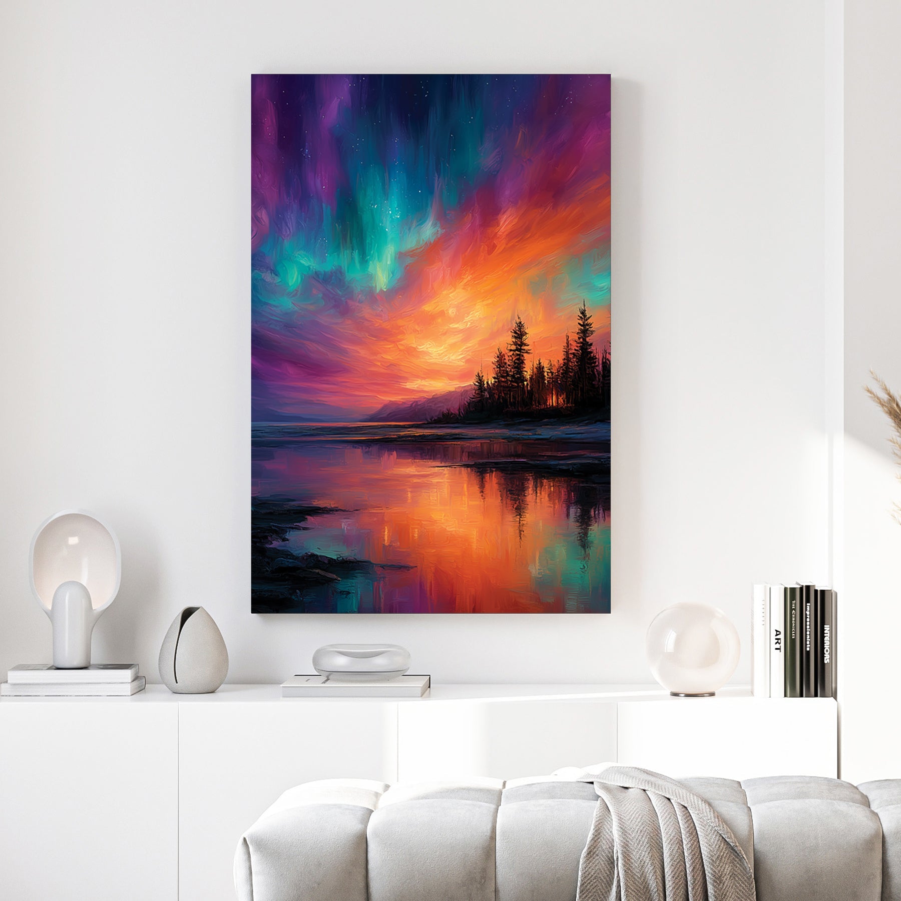 Northern lights aurora over lake with forest silhouette wall art print