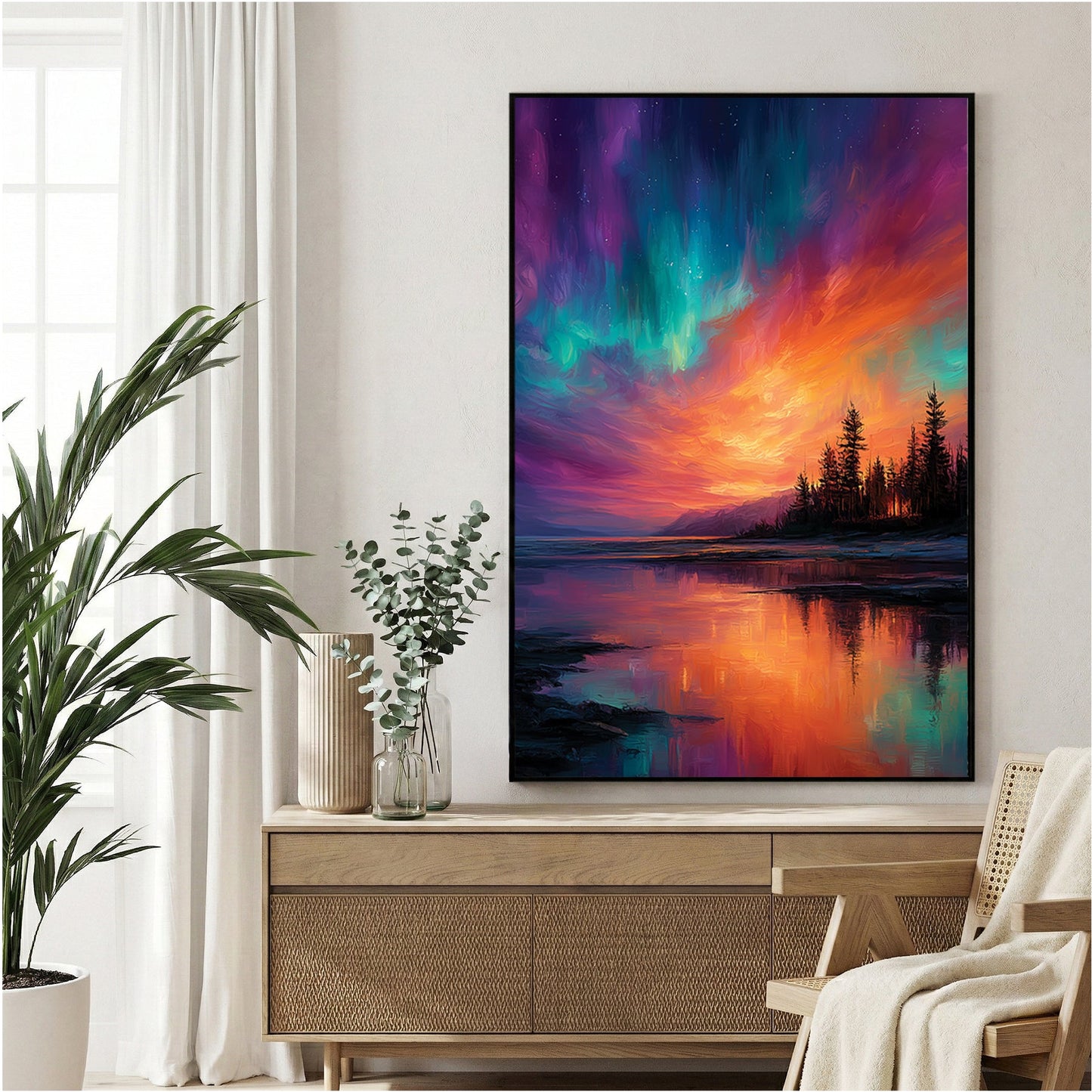 Northern lights aurora over lake with forest silhouette wall art print