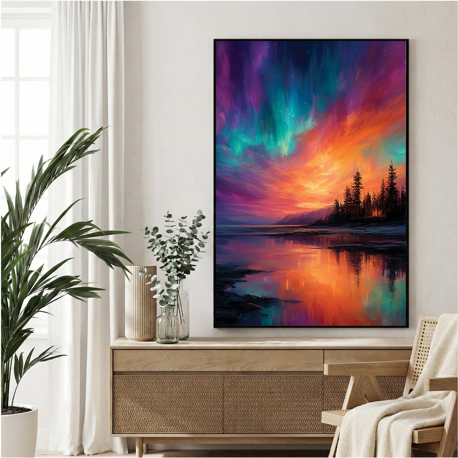 Northern lights aurora over lake with forest silhouette wall art print