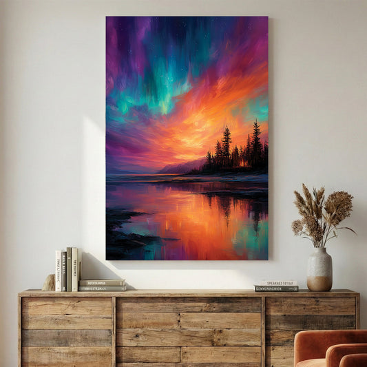 Northern lights aurora over lake with forest silhouette wall art print