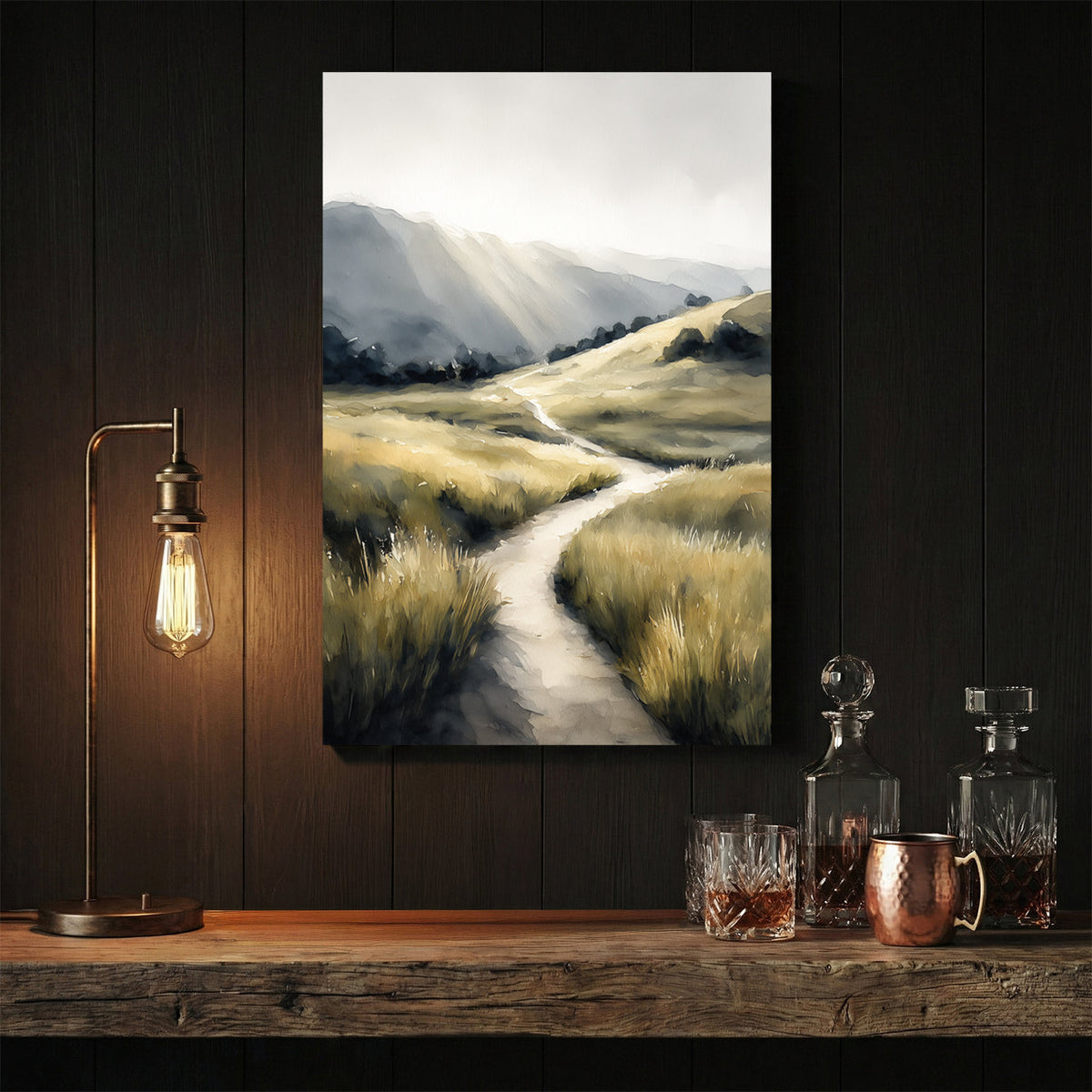 Rolling hills and pastoral landscape with winding path wall art print