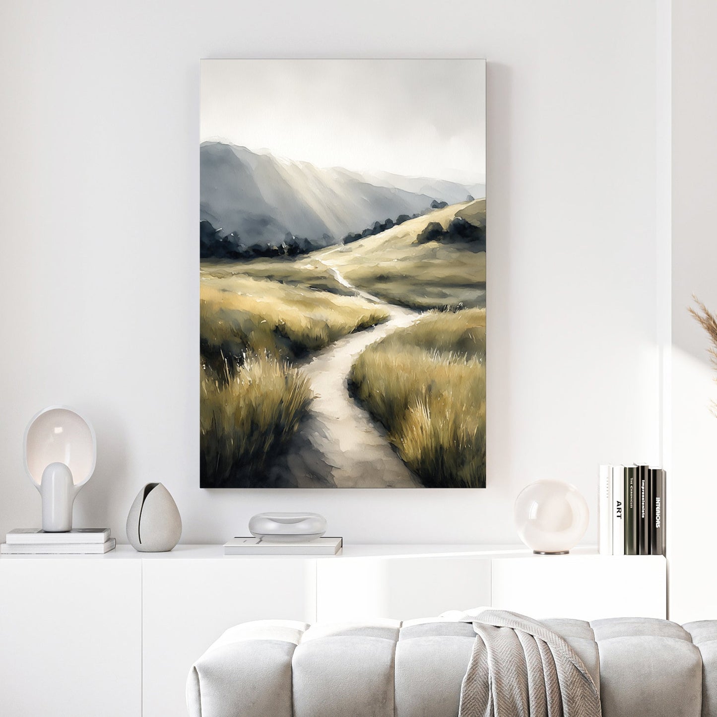 Rolling hills and pastoral landscape with winding path wall art print