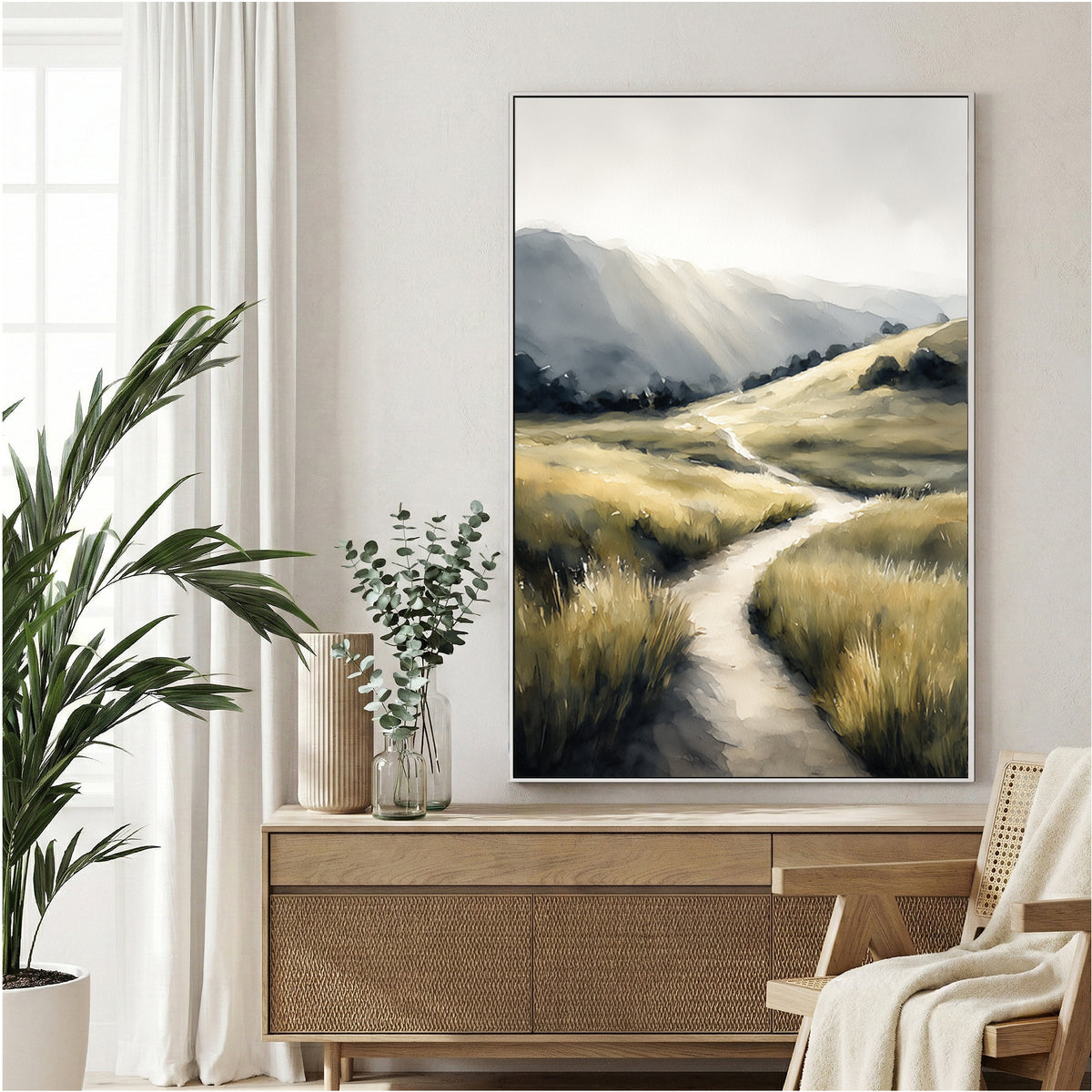 Rolling hills and pastoral landscape with winding path wall art print