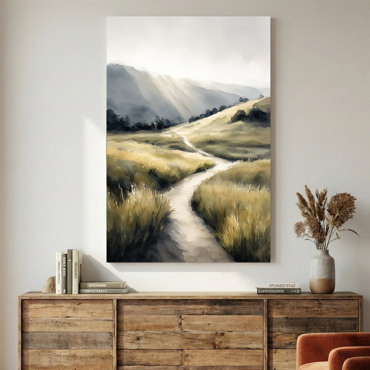 Rolling hills and pastoral landscape with winding path wall art print