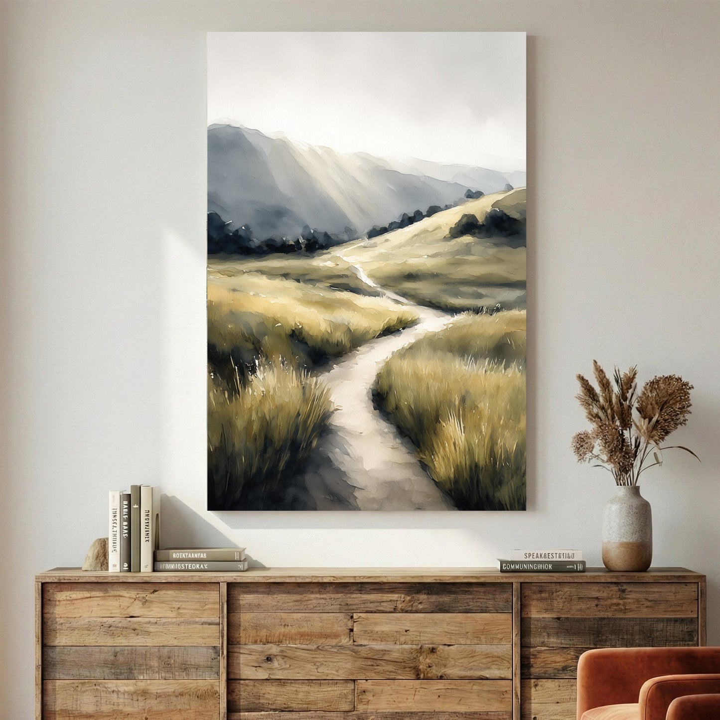 Rolling hills and pastoral landscape with winding path wall art print