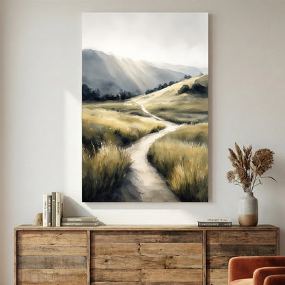 Rolling hills and pastoral landscape with winding path wall art print