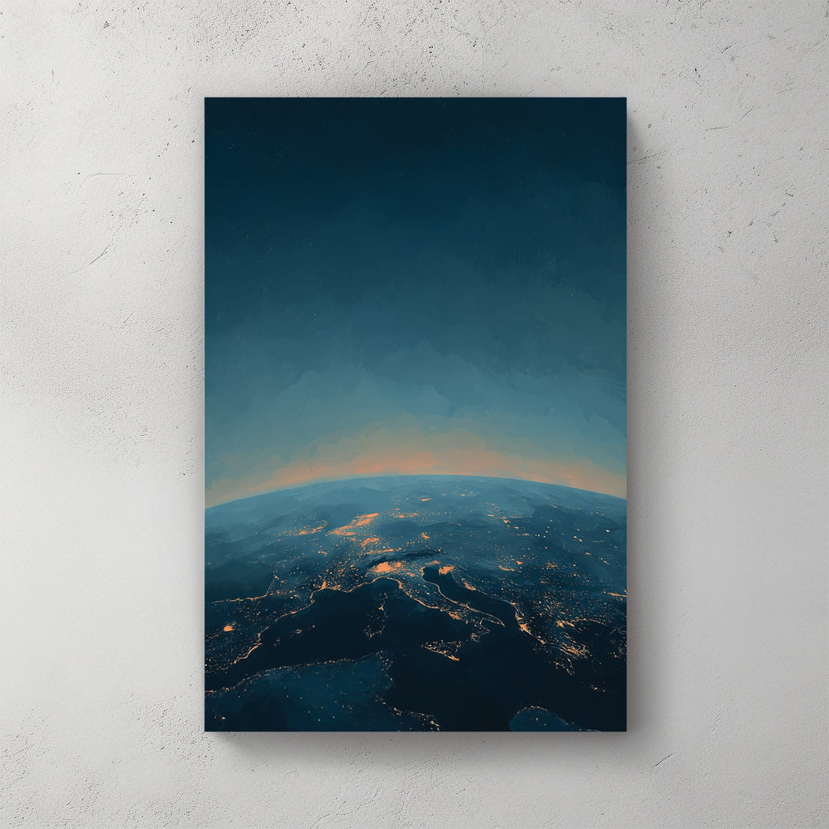 Earth at night illustration with glowing city lights and atmosphere, cosmic wall art print