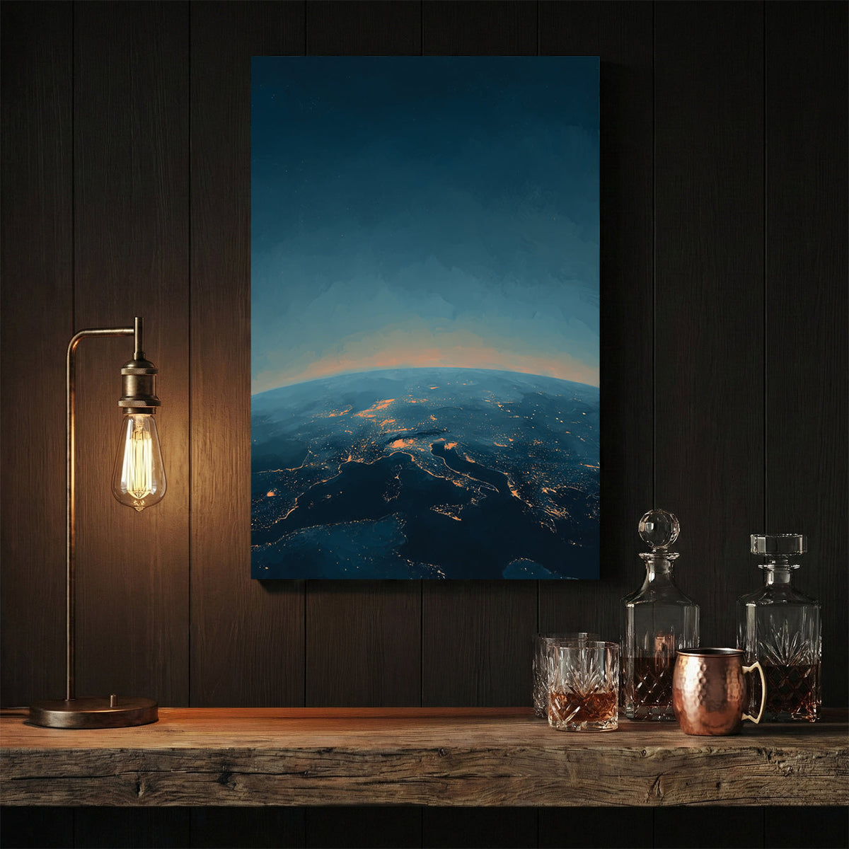Earth at night illustration with glowing city lights and atmosphere, cosmic wall art print